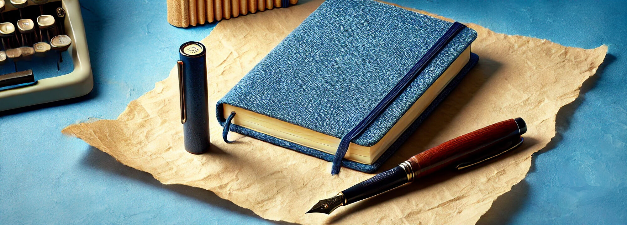 タイプライター、印鑑、筆記用具、ノートが置かれているイメージ